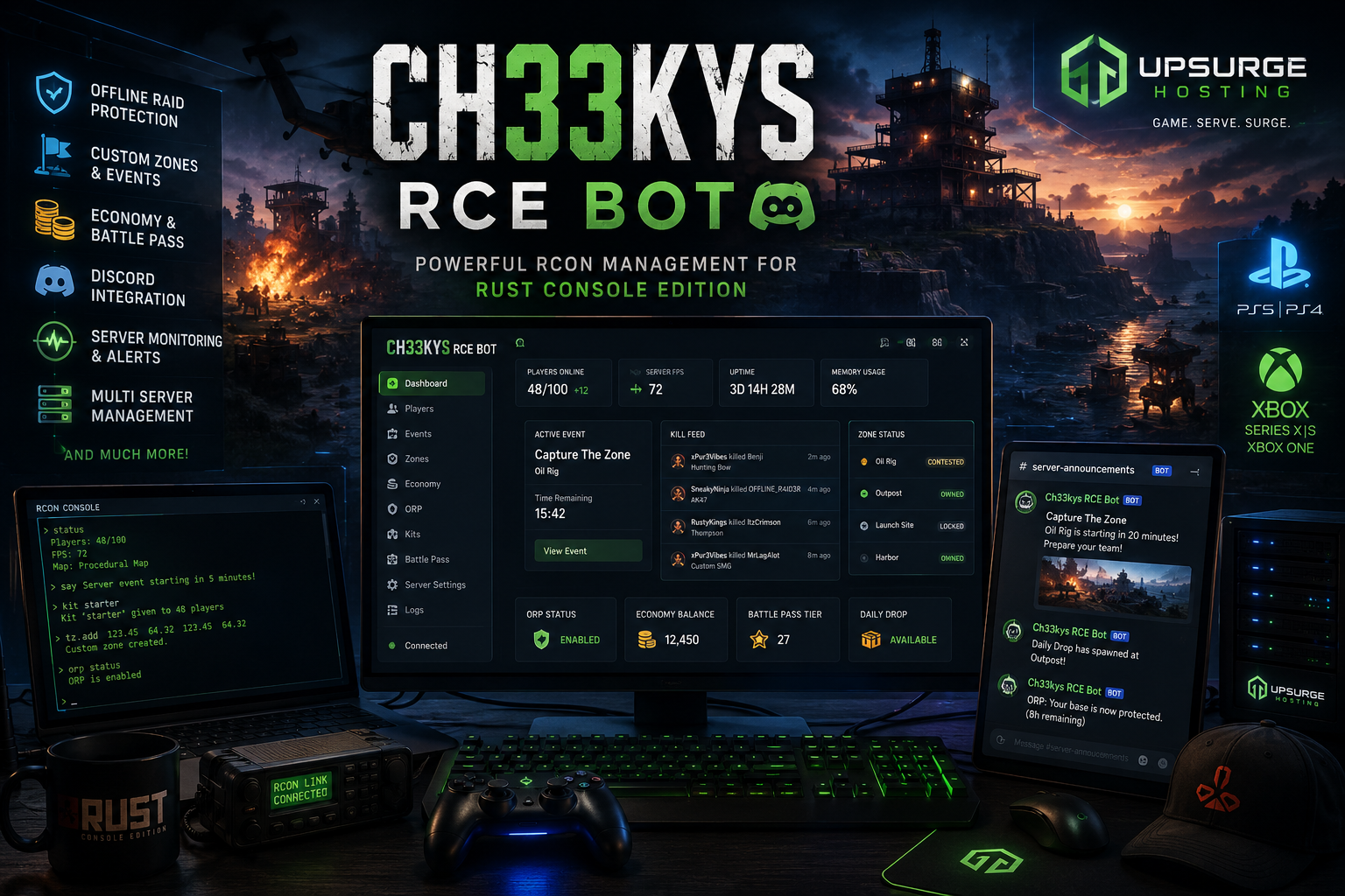 Ch33kys RCE Bot dashboard showing Rust Console Edition server management, custom events, player statistics, Discord integration, and server monitoring with UpsurgeHosting branding.