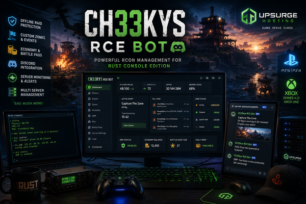 Ch33kys RCE Bot dashboard showing Rust Console Edition server management, custom events, player statistics, Discord integration, and server monitoring with UpsurgeHosting branding.