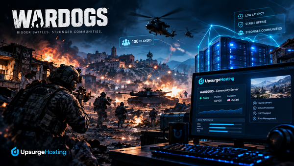 WARDOGS battlefield with soldiers, vehicles, helicopters, and an UpsurgeHosting community server dashboard.