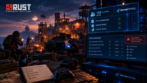 Cinematic Rust Console Edition community server battle scene with players defending a fortified base, alongside server-management screens showing 100 players online, RCON, backups, updates, s